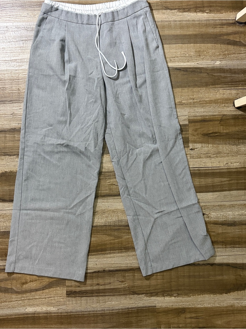 Zara Light Gray Wide-Leg Drawstring Trousers Size Large